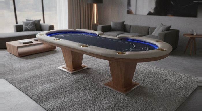 Mesa de Poker Oval Grande com USB, LED Azul e Tecido de Cassino - Pro35